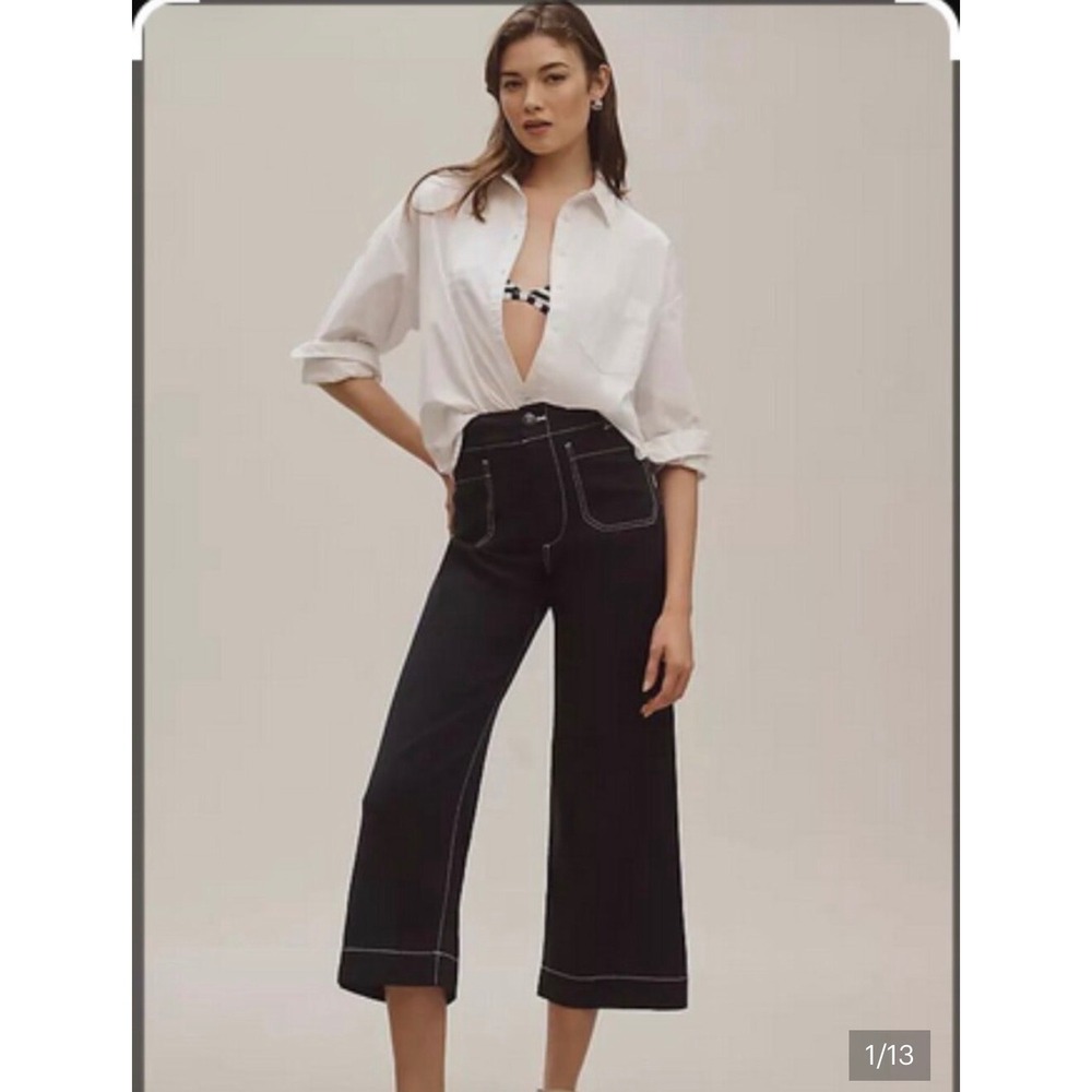 Maeve Anthropologie The Colette Cropped Wide Leg Pants Black Contrast Stitch 27